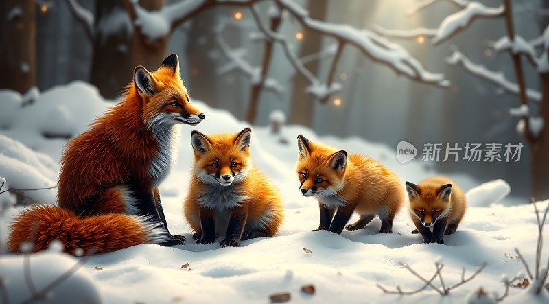 雪地三只小狐狸与一只成年狐狸