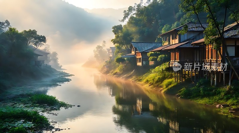 晨雾中的古村落