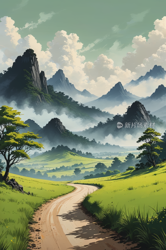 土路山峦的卡通风景高清插画图片