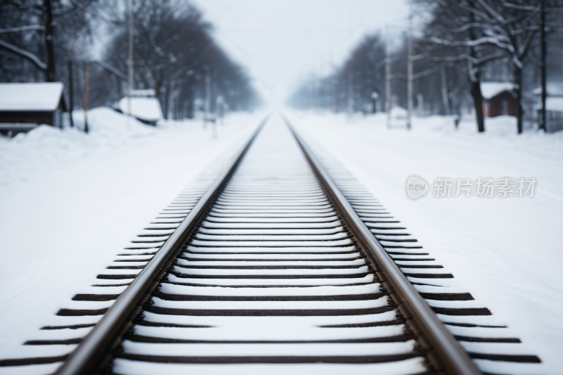 雪地里有树木背景的火车轨道的草图风景图片