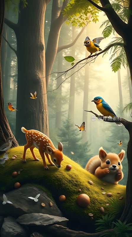 森林晨光下的和谐乐园