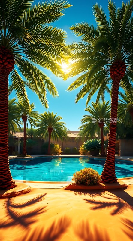 阳光下的热带风情泳池