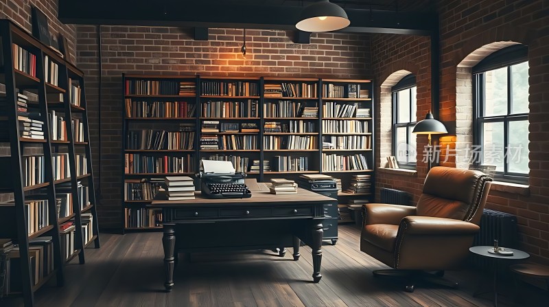 砖墙书架与木质桌椅营造的书房氛围