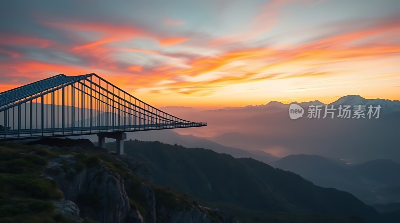 日落下的悬索桥与山脉