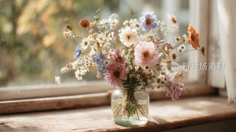 窗边花瓶中的多彩鲜花