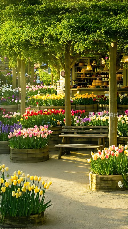 阳光下的郁金香花园