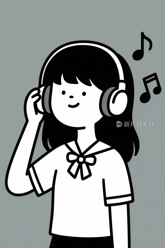 卡通女孩听音乐耳机