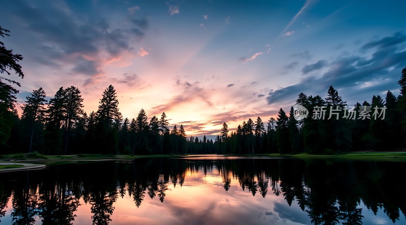 湖畔日落映彩霞静谧森林入眼帘