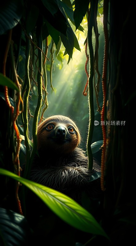 阳光下的树懒探出头