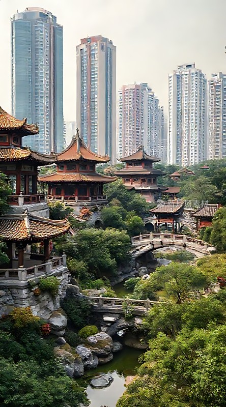 古韵与现代交融园林美景映高楼
