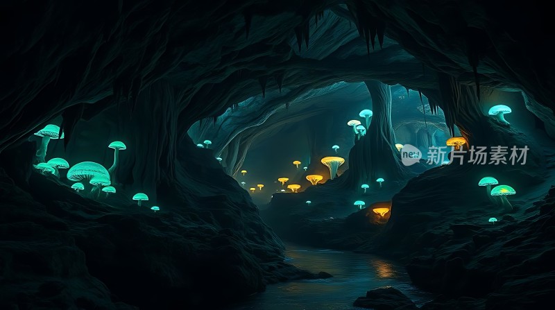 神秘洞穴中的荧光蘑菇