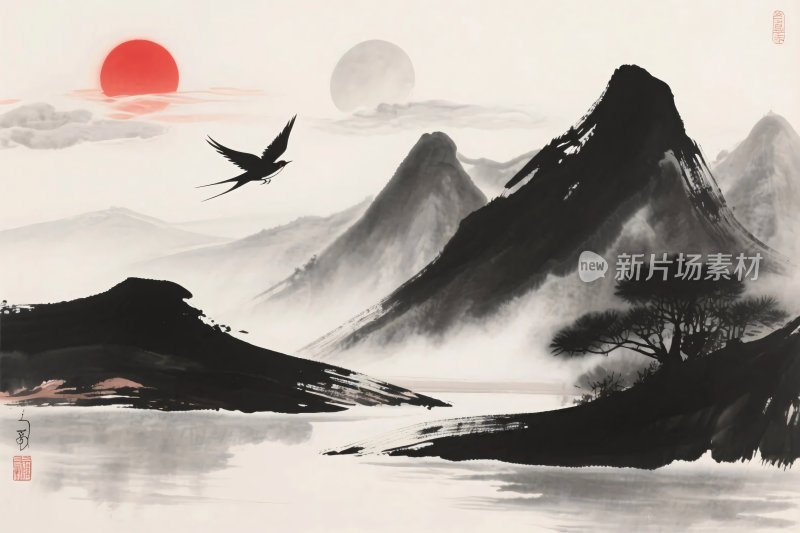 水墨山水飞鸟图