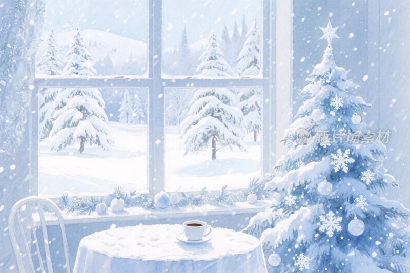 冬日雪景窗台插画