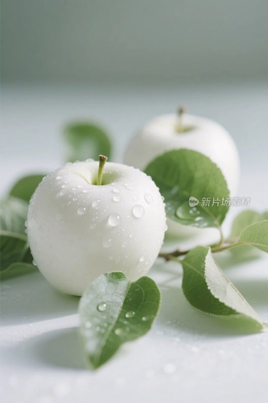 白色苹果与绿叶