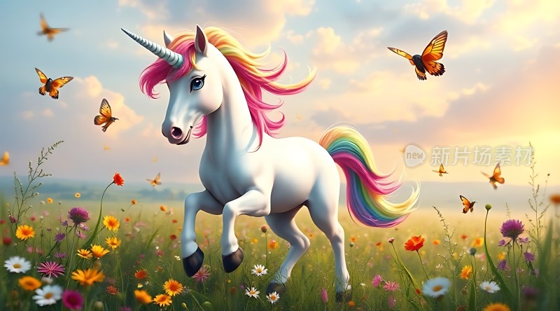 彩虹独角兽在花丛中奔跑
