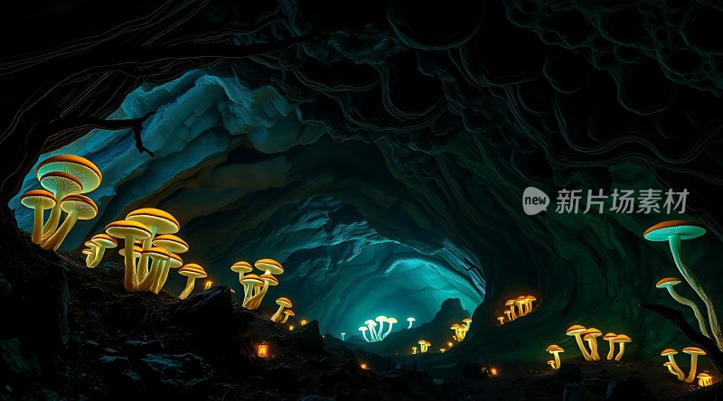 神秘洞穴中的奇幻荧光蘑菇世界