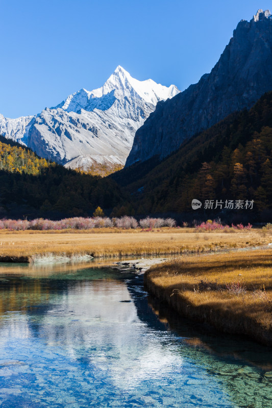 四川甘孜州稻城亚丁秋天的夏诺多吉雪山