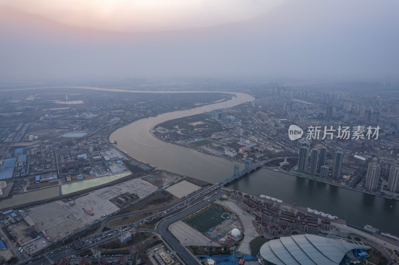 天津海河响螺湾海门大桥城市风光夜景航拍