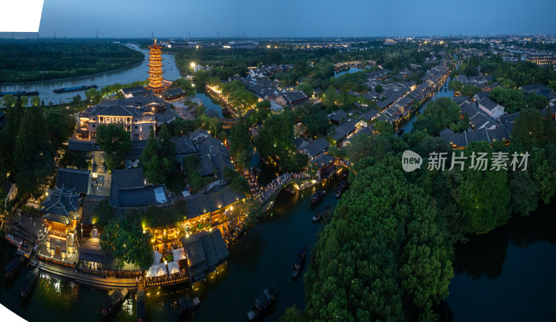 浙江嘉兴桐乡乌镇西栅景区江南水乡航拍夜景
