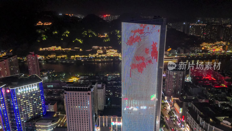 甘肃兰州城市夜景灯光交通航拍图