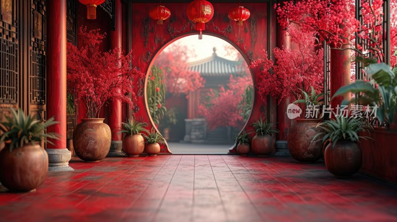 红色中国风婚礼场景，花开富贵