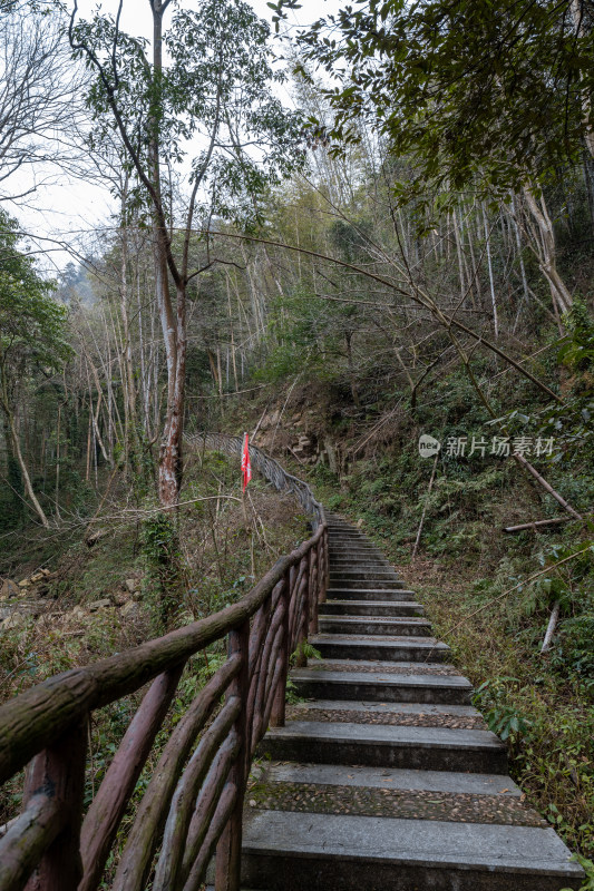 山林间木质栏杆石阶小路