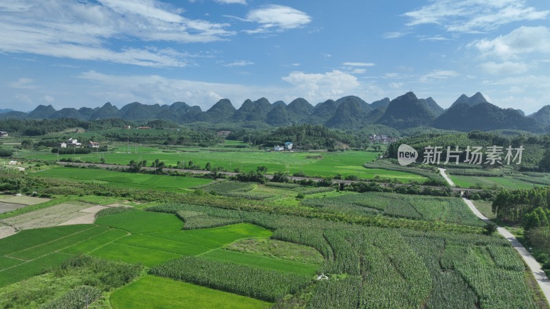 航拍河池田地庄家背景喀斯特地貌山峰