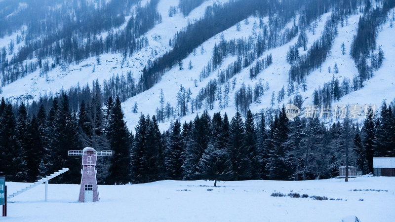 新疆森林小木屋雪景