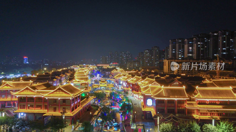 四川眉山东坡印象水街夜景航拍