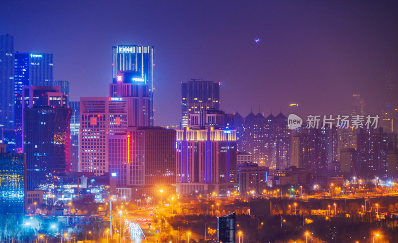 北京城市建筑街道车流高视角夜景