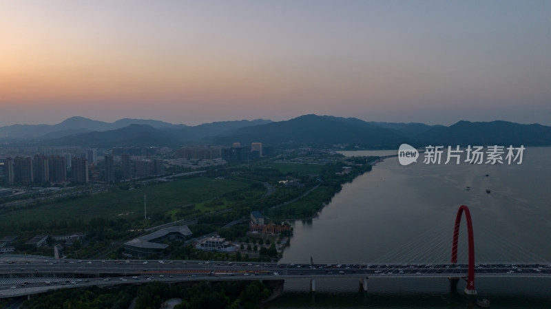 航拍杭州之江大桥日落美景