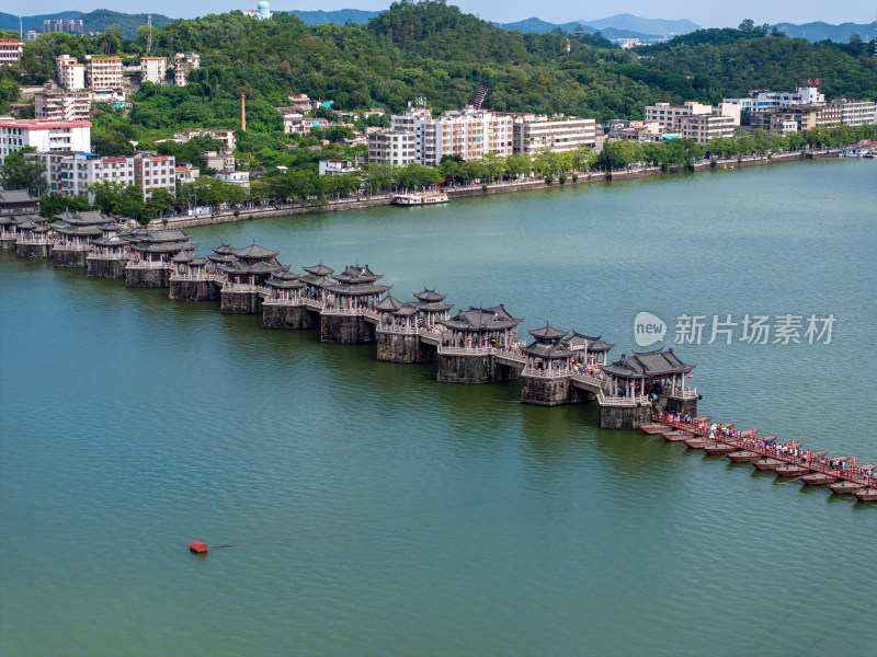 航拍夏季白天广东潮州韩江广济桥风光