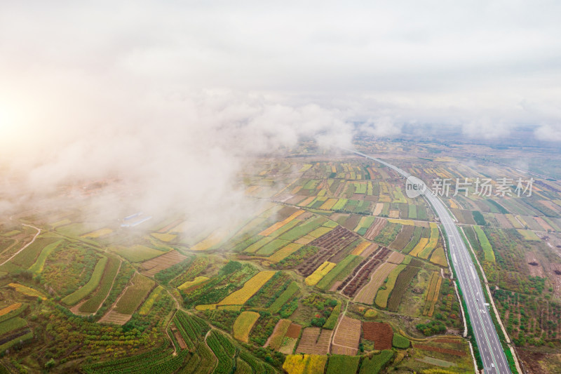 航拍中国河北省京张高速公路旁的农田