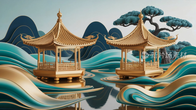 水墨风山水楼阁意境