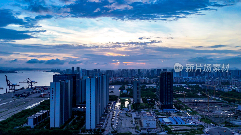 广东汕头城市晚霞城市大景航拍