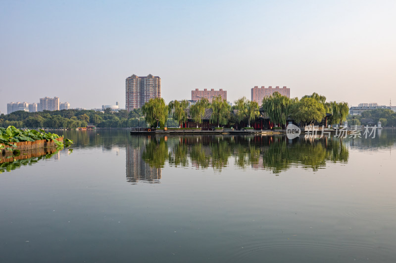 山东济南大明湖风景区自然景观与城市风光