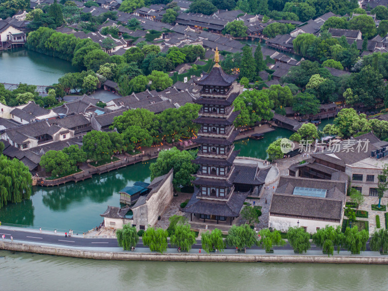 航拍江南水乡古镇乌镇全景