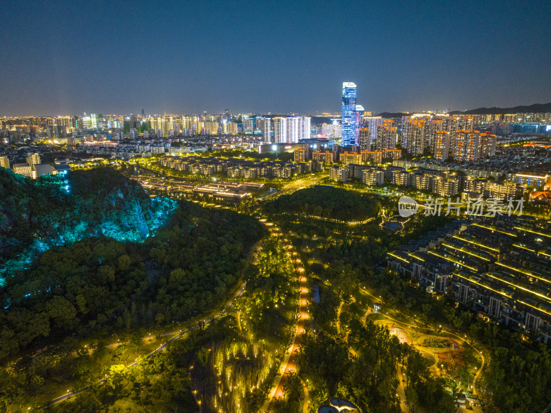 航拍苏州高新区狮子山繁华都市圈夜景