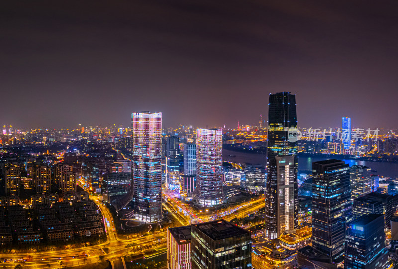 航拍上海徐汇西岸金融区夜景