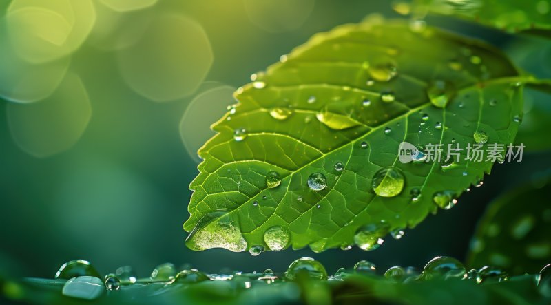 雨后植物绿叶微距叶片露珠自然背景