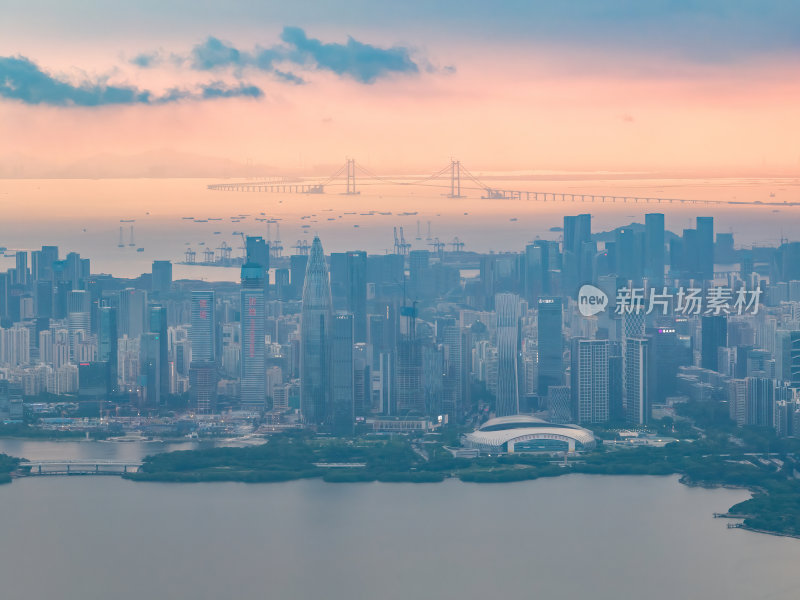 广东大湾区深圳前海湾涂滩日落城市夜景航拍