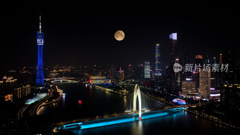 广州城市月亮延时夜景城市中秋节月亮升起来