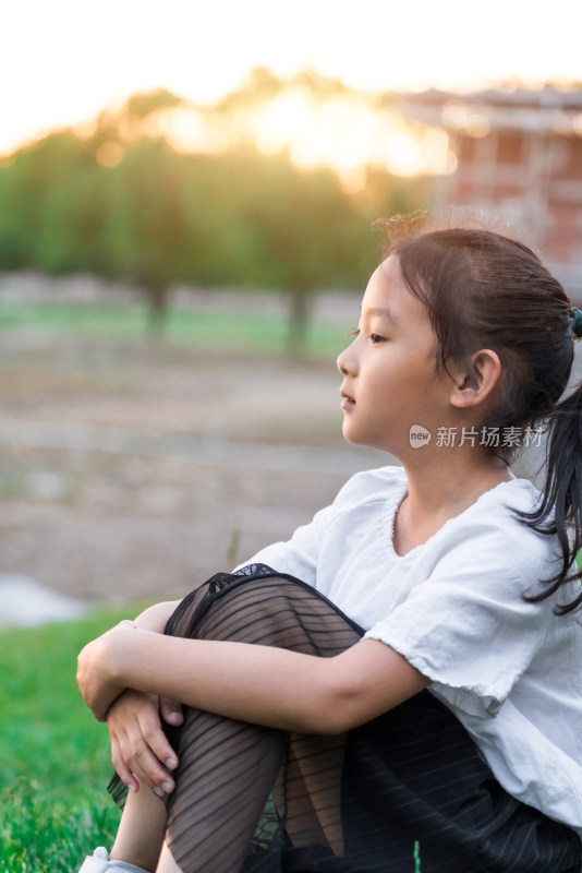 傍晚坐在草坪上欣赏夕阳的中国女孩