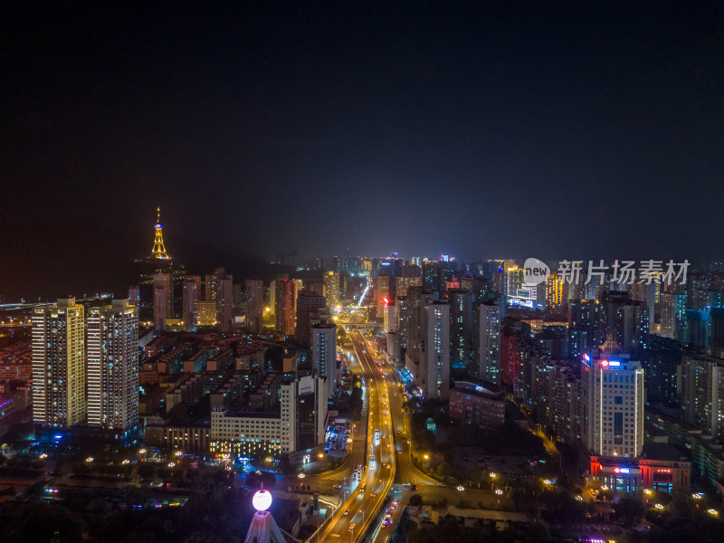 西宁城市夜景交通航拍图