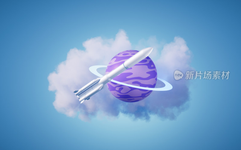 卡通风格星球与火箭3D渲染
