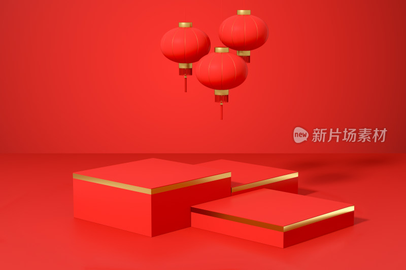 红色喜庆灯笼中国风背景 3D渲染