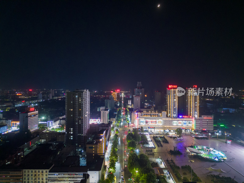 航拍河南周口七一路五一文化广场夜景