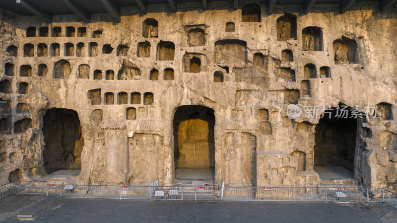 河南龙门石窟景区清晨航拍风光