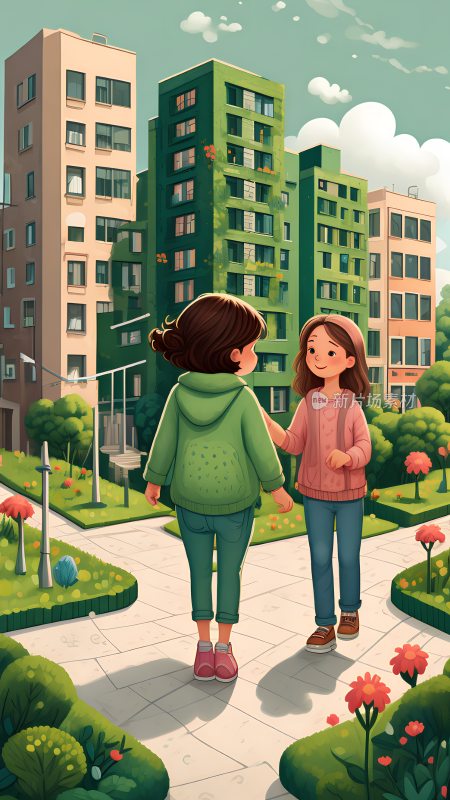 春天一个妈妈和女孩在小区花园聊天