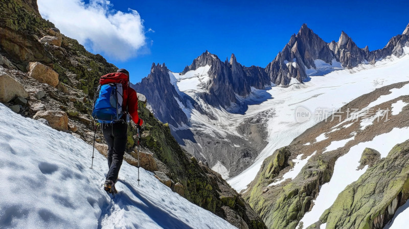 户外探险徒步旅行者背着背包攀登寒冷的高山